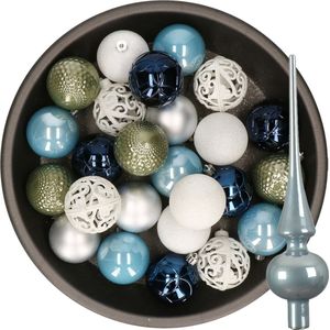 Decoris Kerstballen - 37x ST - kunststof = 6 cm - blauw-wit-zilver-groen - met glazen piek