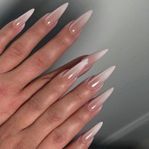 JHubers Goods - Set van 24 lange stiletto kunstnagels in wit kleurverloop met amandelglans - Zelfklevende nagels met volledige dekking.