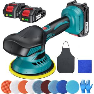 Polijstmachine - Auto Buffer Poetsmachine - Elektrisch Polijstmachine - met 2 x 2.0Ah Lithiumbatterij - 13-delige Bevestigingen - 6 Variabele Snelheden - 5500RPM - voor Auto - Motorfiets - 21V - 45dB - 6inch disc - Zwart/Blauwgroen