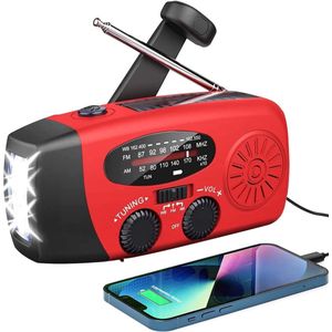 Draagbare noodradio - Powerbank 2000 mAh - Zaklamp - Solar opwindbaar - SOS alarm - USB-C kabel - Noodpakket - Kunststof - rood