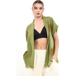 Trimita Flower Of Life Green - Vest - 100% Katoen Hydrofiel Stof Kimono Badjas- Fair Trade - Damesvest -Heerlijk Zacht, Licht en Handgemaakt - Perfect voor Dames