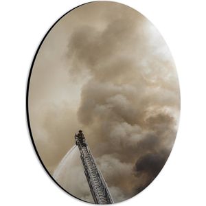 Dibond Ovaal - Brandweerman in Actie bij Grote Rookwolk - 21x28 cm Foto op Ovaal (Met Ophangsysteem)