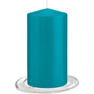 Trend Candles - Stompkaarsen met glazen onderzetters set van 2x stuks turquoise blauw 8 x 15 cm