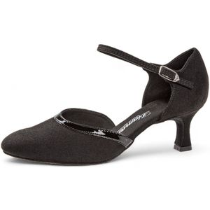 Comfortabele dames dansschoenen - Diamant 049 - 106 - 106 - Gesloten voorkant - Hoogwaardig zwart suede - Glanzend lakleer accent - Drukknopsluiting - Flexibele suède zool - Flared hak 5cm - Ballroom, Tango, Social - Diamant - Zwart - 38.5