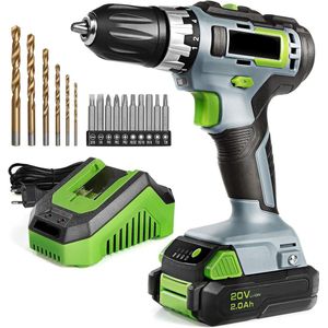 Boormachine - Accu Boorhamer - Schroefboormachine - Accu Schroevendraaier - 2 Draairichtingen - met 16 Accessoires - Accu - Oplader - 20V - 25 Nm - Groen