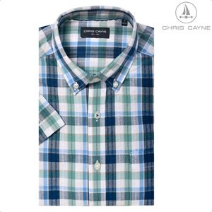 Chris Cayne heren overhemd korte mouw - maat M - met borstzak - kleur blauw/groen - ruit dessin - 100 % Katoen - seersucker - shirt heren - shirt M - borstzak