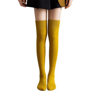 Gebreide kniekousen voor dames - zachte katoenen kniekousen - dikke badstof warme sokken - winter beenwarmersokken - lange laarzensokken - casual kniekousen - modieuze katoenen rollenspel kniekousen - Geel + Beige - 22*55cm