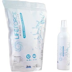 Bundel Relax |Lifeforce Magnesium olie (200ml) spray en Lifeforce Magnesium vlokken/flakes/badzout (1kg) - Puur Zechstein - Magnesiumchloride 100% natuurlijk en zuiver