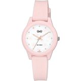 Q&Q V01A-001VY - Horloge - Sport - Analoog - Dames - Vrouwen - Plastic band - Rond - Kunststof - Bloemetjes - Roze - Wit - 10 ATM