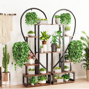 Smeedijzeren plantenhouder voor binnen: plantenrek met 2 ophanghaken, metalen bloempothouder met 6 niveaus, decoratie voor balkon, woonkamer - 165 x 112 x 28 cm