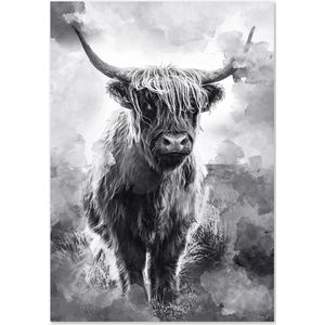 Graphic Message - Tuin Schilderij op Outdoor Canvas - Schotse Hooglander - Veluwe - Buiten - Koe - Natuur - Stier - Landelijk Modern - Fotografie - Foto - Zwart - Wit - Zwartwit - Grijs - Grijstinten - Wanddecoratie - Schutting