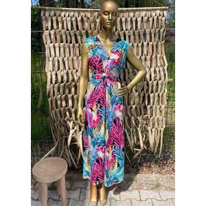 Lange Zomerjurk Paris - Bladmotief - Roze Blauw Geel - One Size (maat 38 t/m 40/42)