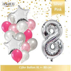 Cijfer Ballon 8 Jaar Zilver Roze White Pearl Boeket * Hoera 8 Jaar Verjaardag Decoratie Set van 15 Ballonnen * 80 cm Verjaardag Nummer Ballon * Snoes * Verjaardag Versiering * Verjaardag Decoratie * Silver Pink Pearl White* Nummer Ballon 8 * Zilver