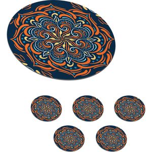 Onderzetters voor glazen - Rond - Mandala - Oranje - Patronen - 10x10 cm - Glasonderzetters - 6 stuks
