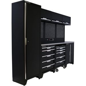 Kraftmeister werkplaatsinrichting - Werkbank met 3 wandkasten, 1 werkplaatskast, 1 opbergkast en RVS werkblad - Werktafel met 10 laden en gereedschapswand - Complete set voor werkplaats of garage - Zwart