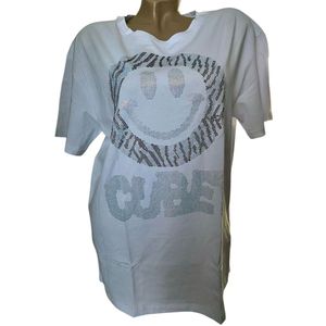 Dames Katoenen Top Korte Mouw met Print L/XL wit