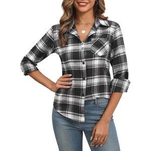 Geruite Damesblouse met Lange Mouwen en V-hals voor Casual en Festiviteiten