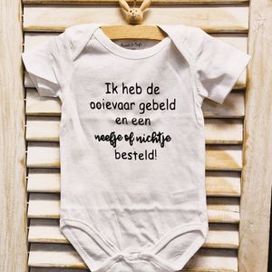 romper baby tekst zwangerschaps aankondiging ik heb de ooievaar gebeld en een nichtje of neefje besteld korte mouw wit jongen of meisje maat 56 met bekendmaking zwangerschap aanstaande