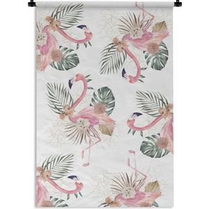 Wandkleed FlamingoKerst illustraties - Patroon van flamingo's en tropische bloemen en bladeren op een witte achtergrond Wandkleed katoen 60x90 cm - Wandtapijt met foto