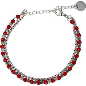 My Bendel Zilverkleurige dubbele armband met rode glasstenen - Zilverkleurige dubbele armband met rode glasstenen en schakels - Met luxe cadeauverpakking