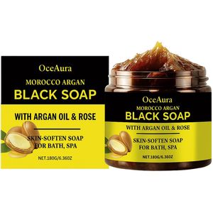 OceAura | Marokkaanse zwarte zeep | Zeep met Argan olie | Zwarte Beldi Zeep | Africa Black Soap Savon Noir | Savon Beldi | Afrikaanse zwarte zeep exfoliërende | Natuurlijke ingrediënten | Zeep Morocco Argan Black Soap met Arganolie & Roos – 180g