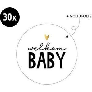 30x Sluitsticker Welkom Baby | Wit | Goudfolie hartje | 40 mm | Geboorte Sticker | Sluitzegel | Sticker Geboortekaart | Baby nieuws | Zwangerschap |Luxe Sluitzegel