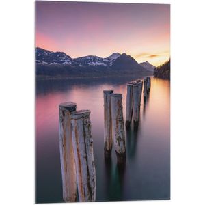 Vlag - Houten Palen in het Meer van Berggebied tijdens Zonsondergang met Paarse Gloed - 50x75 cm Foto op Polyester Vlag