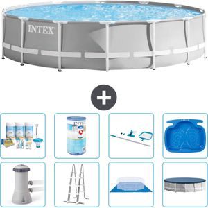 Intex Rond Prism Frame Zwembad - 427 x 107 cm - Grijs - Inclusief Pomp - Ladder - Grondzeil - Afdekzeil Onderhoudspakket - Filter - Schoonmaakset - Voetenbad