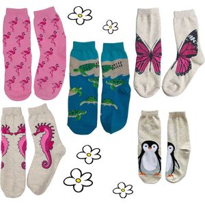 Nature Planet -kindersokken - set van 5 paar sokken - flamingo - vlinder - zeepaardje - pinquin - zeeschildpad (100% Oeko-tex gecertificeerd) maat 35-38