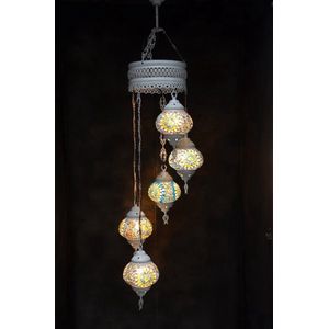 Hanglamp multicolour blauw glas mozaïek 5 bollen Turkse Oosterse Crèmewit Marokkaanse kroonluchter