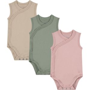 Bamboo Basics Izzy - Bamboe Baby Meegroei Overslagromper (Multipack 3 stuks) - Mouwloos - Zijdezacht - Ademend - Groen, Roze & Beige - 50/56