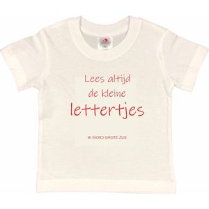 Shirt Aankondiging zwangerschap ""Lees altijd de kleine lettertjes (ik word grote zus)"" | korte mouw | Wit/rood | maat 122/128 zwangerschap aankondiging bekendmaking Baby big bro Sis Sister
