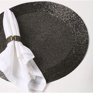 Donkergrijze Ronde Placemat | 4 Stuks | Machine wasbaar | Hoogwaardig Polyester met Ingeweven Motief | Hittebestendig | Antislip Beaded Placemats met 30cm Diameter | 90% glaskralen en 10% metaal