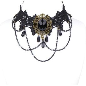 Steampunk kant ketting choker met zwarte pareltjes