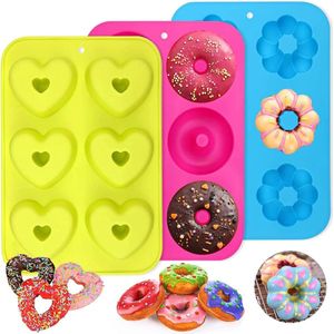 Set van 3 siliconen donutvormen, donutbakvorm met 6 uitsparingen, bakplaat met antiaanbaklaag, 260°C hittebestendig, voor cakes, koekjes, bagels, muffins (rond, bloemen en hart)