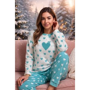 Dames Winterpyjama - Pyjama voor vrouwen – Superzacht, Warm & Cosy – Grijs, Groen, Roze met Hartjes – 100% Polyester – XS t/m XXL