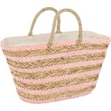 J-line - Strandtas Kort Handvatten Horizontale Strepen Jute Naturel/licht Roze - 53x22x46cm