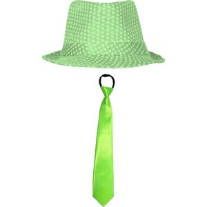 Toppers - Carnaval verkleed set - hoedje en stropdas - fluor groen - dames/heren - Sint Patricksday