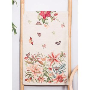 Tafelloper - luxe gobelinstof - Tiffany- Kleurige rode bloemen en vlinders - Loper 100 cm