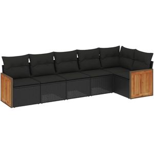 vidaXL - 6-delige - Loungeset - met - kussens - poly - rattan - zwart