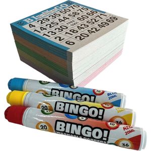 Bingokaarten en Bingostiften set - 5x 100 verschillende kleuren Bingoblok 1-75 - 3x Bingo dabbers