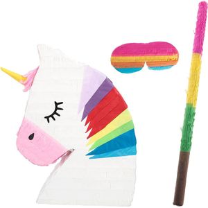 Boland Verjaardag Pinata Eenhoorn - 45 x 33 cm - papier - set met stok 54 cm en masker - Kinderfeestje