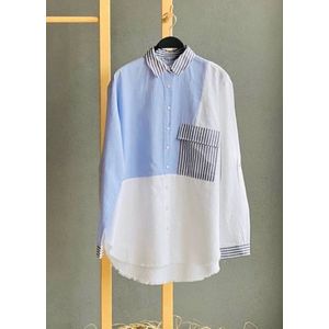 Elegant Dames Blouse/Shirt, Lange mouw, Blauw, wit met gestreepte kraag, zak en pols design oversize, Maat M