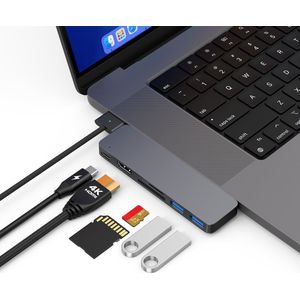 M-TECK MacBook Air/Pro USB-C - Dock - HUB - Splitter - 1 x HDMI 4K60Hz - 1 x Thunderbolt - 2 x USB3.0 - SD/MicroSD kaartlezer - M1/M2/M3/M4- Kleur: Space Grey