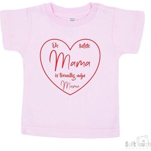Soft Touch T-shirt Shirtje Korte mouw ""De liefste mama is toevallig mijn mama"" Unisex Katoen Roze/rood Maat 62/68