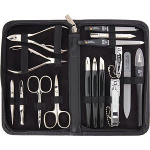 - 16-piece manicure pedicure set | High-quality nail case made of genuine leather for hand and foot care. Colour: black | Box contents: nail scissors nail clippers .
