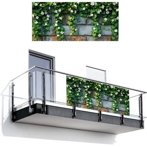 Balkonscherm 200x90 cm - Balkonposter Klimop - Groen - Stenen - Wit - Grijs - Balkon scherm decoratie - Balkonschermen - Balkondoek zonnescherm