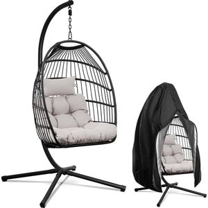 Swoods Egg Hangstoel – Hangstoel met standaard – Egg Chair – tot 150kg – Zwart/Lichtgrijs