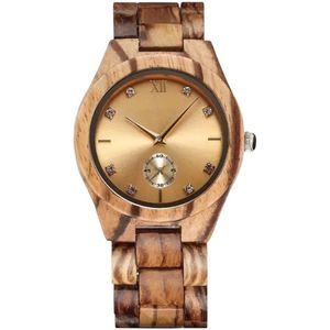 Houten - Luxe Dames en Herenhorloge - Gouden Wijzerplaat - Met Diamonds