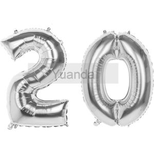20 Jaar Folie Ballonnen Zilver- Happy Birthday - Foil Balloon - Versiering - Verjaardag - Man / Vrouw - Feest - Inclusief Opblaas Stokje & Clip - XXL - 115 cm